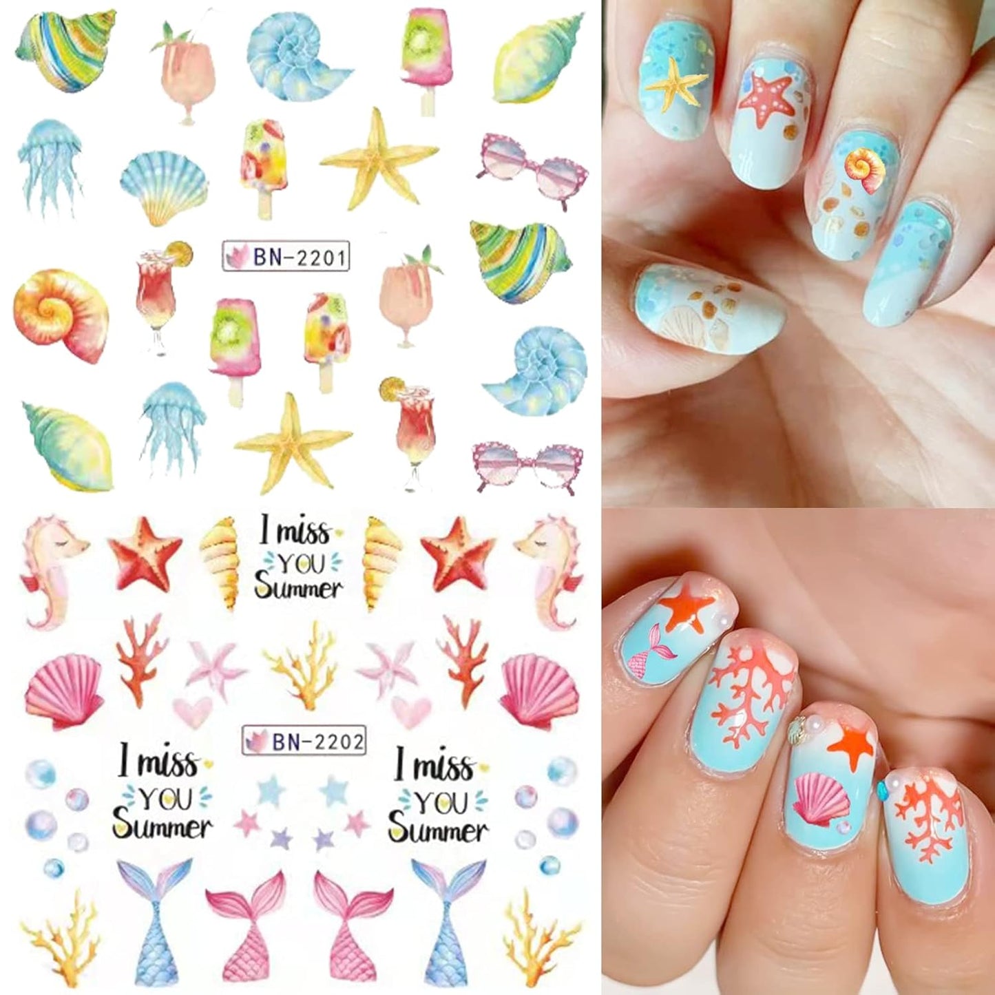 36 Sheets Summer Nail Art Stickers, Ocean Anchor Water Transfer Nail Decals, Shark Seashell Sea Turtle Design DIY Manicure Decorations for Girls Women-Velvo Beauty