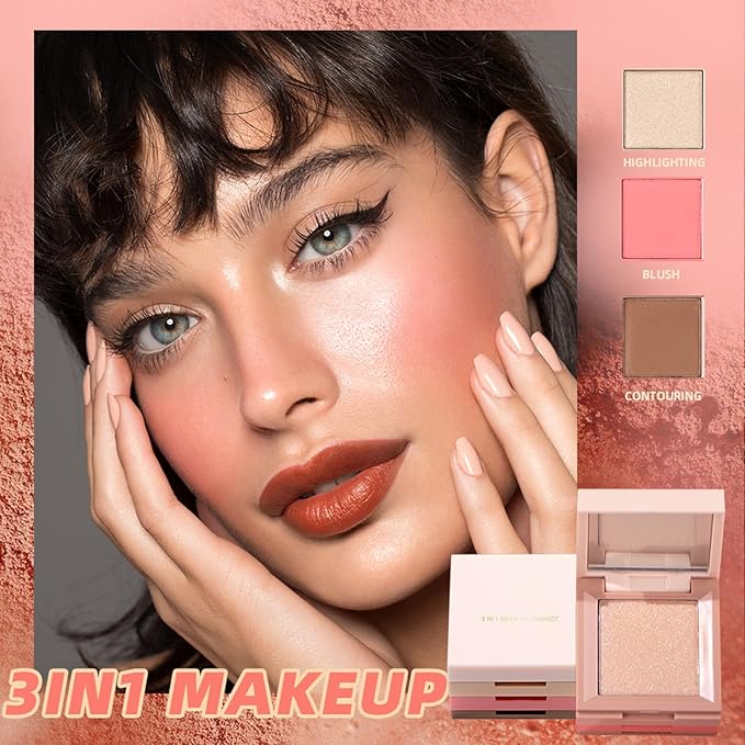 3 in 1 Contour Highlighter Blush Makeup Palette, Shimmer Matte 3 Colors Pigmented Brighten Highlighting Bronzer Blusher Eyeshadow Pallet, Long Lasting Shaping Full Face Eyes Makeup kit with Mirror-Velvo Beauty