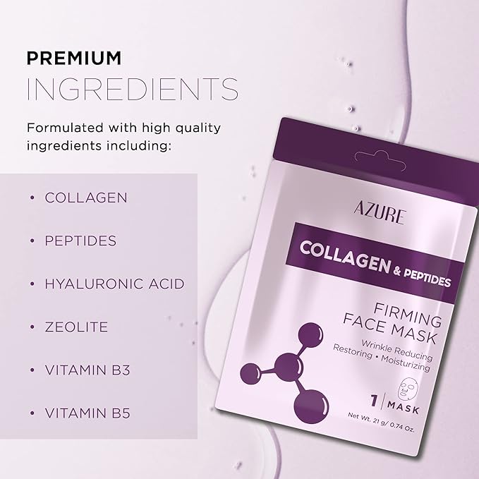 Azure Cosmetics Collagen & Peptides Lifting Facial Sheet - Restoring, Smoothing & Moisturizing Face Mask - Helps Reduce Fine Lines & Wrinkles, Smooths & Repairs - Skin Care Made in Korea - Pack of 5-Velvo Beauty
