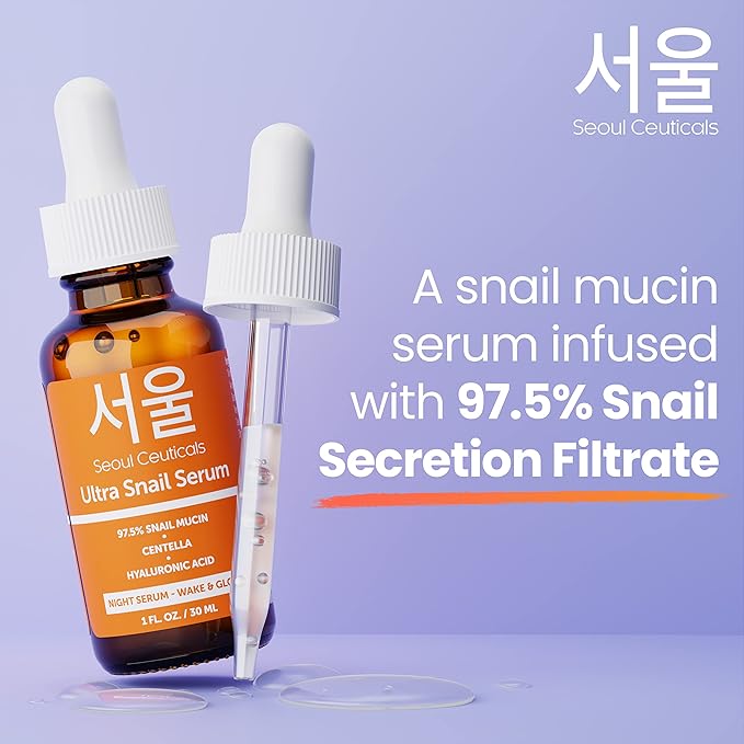 SeoulCeuticals Korean Skin Care 97.5% Snail Mucin Serum – K Beauty Skincare Night Serum Hyaluronic Acid for Face - Centella Anti Wrinkle Serum 1oz-Velvo Beauty