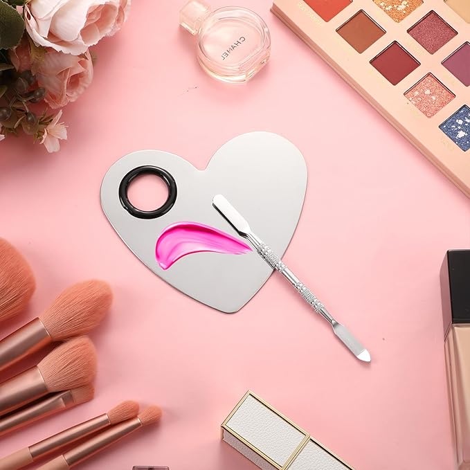 2 Pcs Stainless Makeup Mixing Palette,Tool for Mixing Foundation Nail-Art,Palette with A Stick,Storage Bag,Beauty Salon Color Cream Mixing Palette,Makeup Artist,Makeup Enthusiast (Heart Shaped)-Velvo Beauty