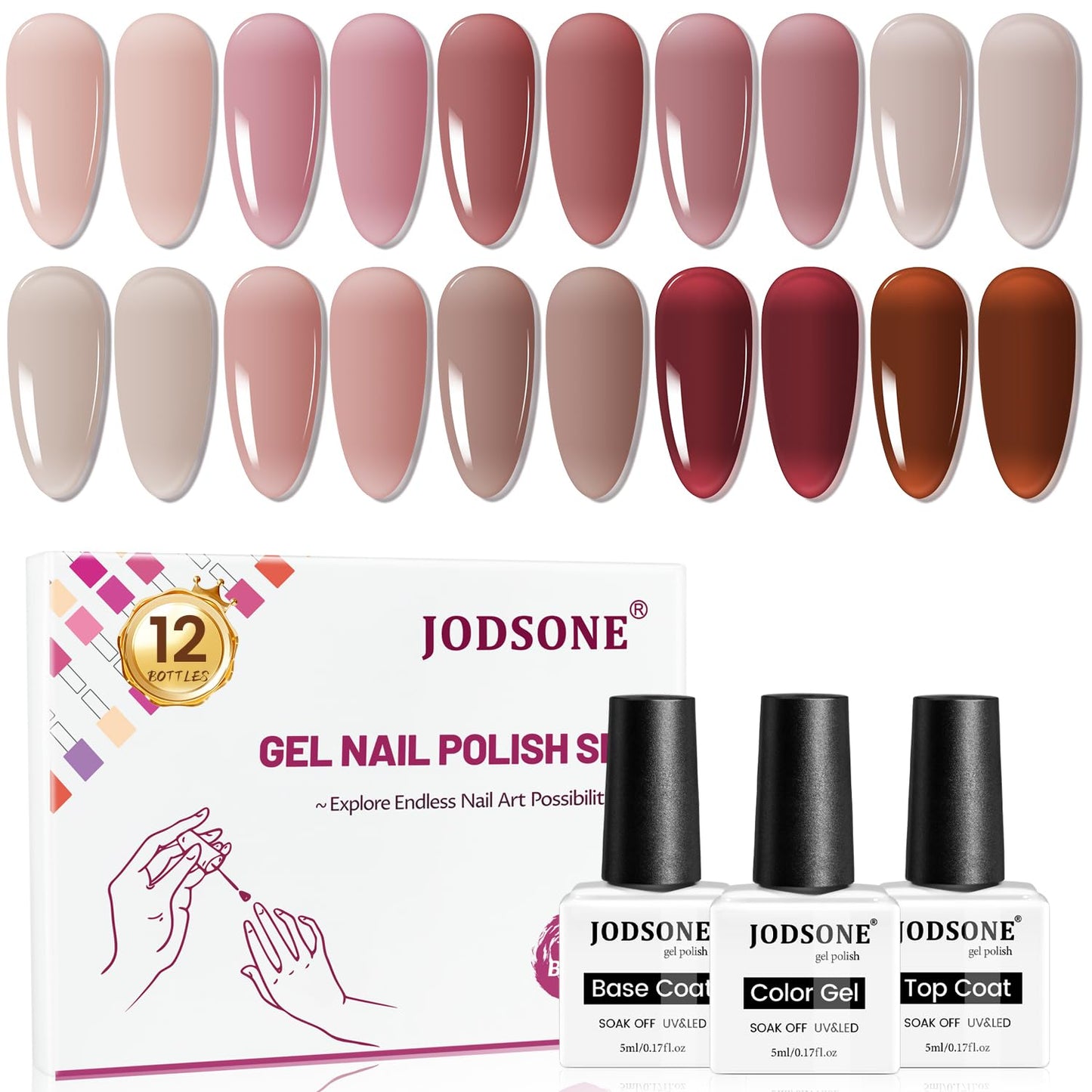 JODSONE 12PCS Gel Nail Polish Set 10 Translucent Jelly Colors Natural, Elegant & Long Lasting For Home & Salon Use-Velvo Beauty