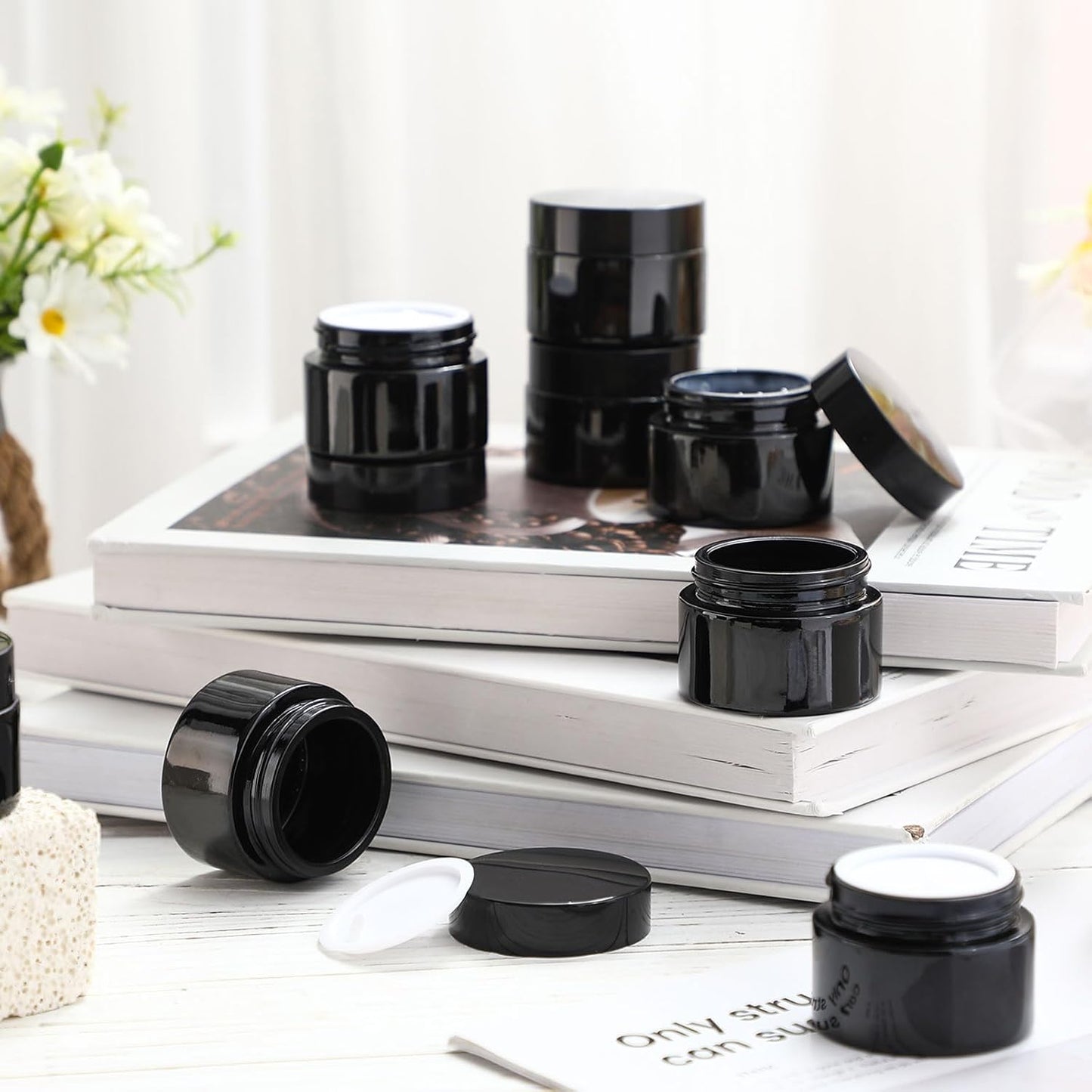 Domensi 100 Pcs 1 oz Glass Jars with Lids Bulk Round Glass Cosmetic Jars Lids 1 oz Small Travel Containers with Inner Liner for Lotions Powders Ointments Sample Cream(Black,Black)-Velvo Beauty