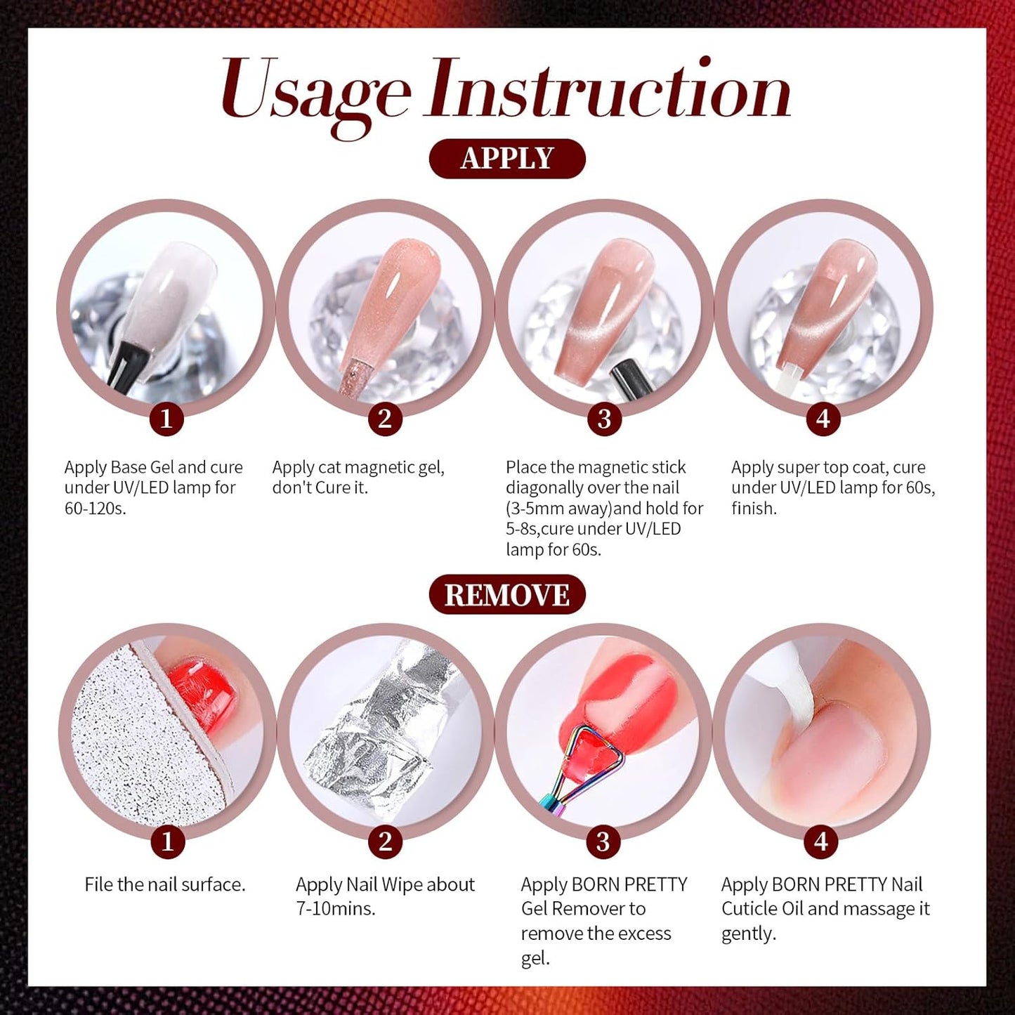 Born Pretty Cat Magnetic Eye Gel Nail Polish, Red Holographic Glitter Shiny Sparkle Crystal Gel Nail Polish Magnetic Nail Polish Salon DIY at Home 15mL-Velvo Beauty