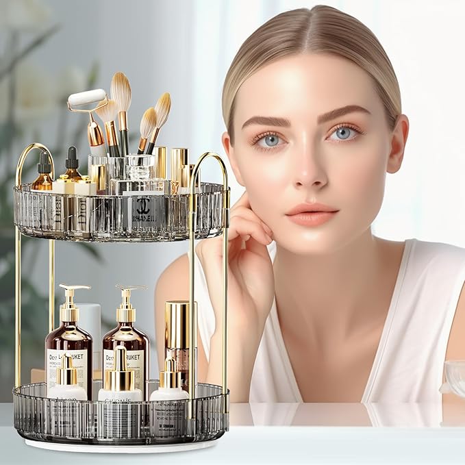 360° Rotating Makeup Organizer, Large-Capacity Skincare Make Up Storage 2 Tier Perfume Organizers Cosmetic Dresser Organizer with Makeup Brush Holder, Fits Bedroom, Bathroom, Vanity Shelf Countertop-Velvo Beauty
