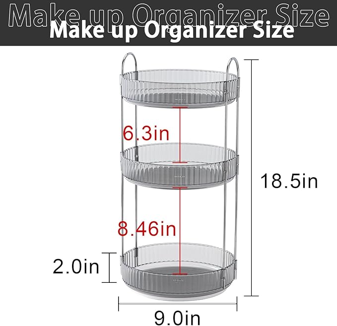 Rotating Makeup Organizer for Vanity, High-Capacity Skincare Clear Make Up Storage Perfume Organizers Cosmetic Dresser Organizer Countertop 360 Spinning (Gray, 3 Tier)-Velvo Beauty