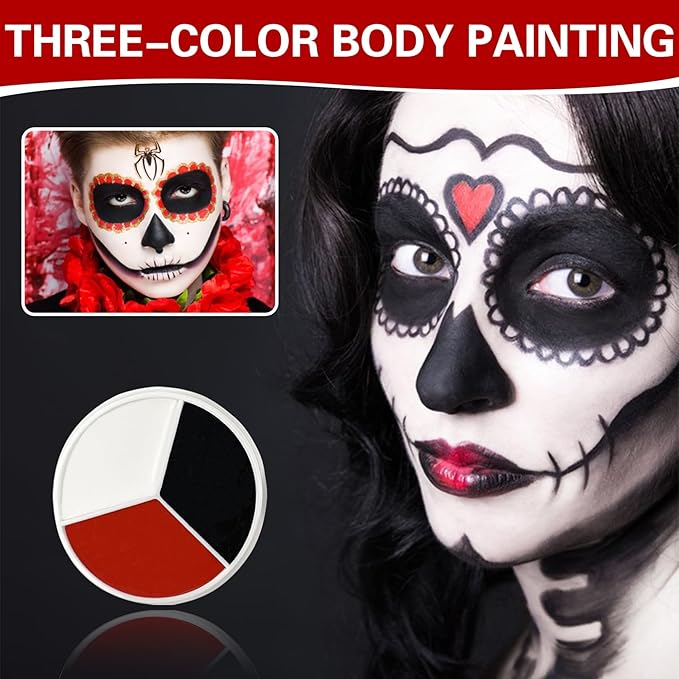 3 Colors Black White Red Face Body Paint Clown Makeup Palette Professional Face Paint for Halloween Cosplay Sfx Joker Zombie Vampire Makeup-Velvo Beauty