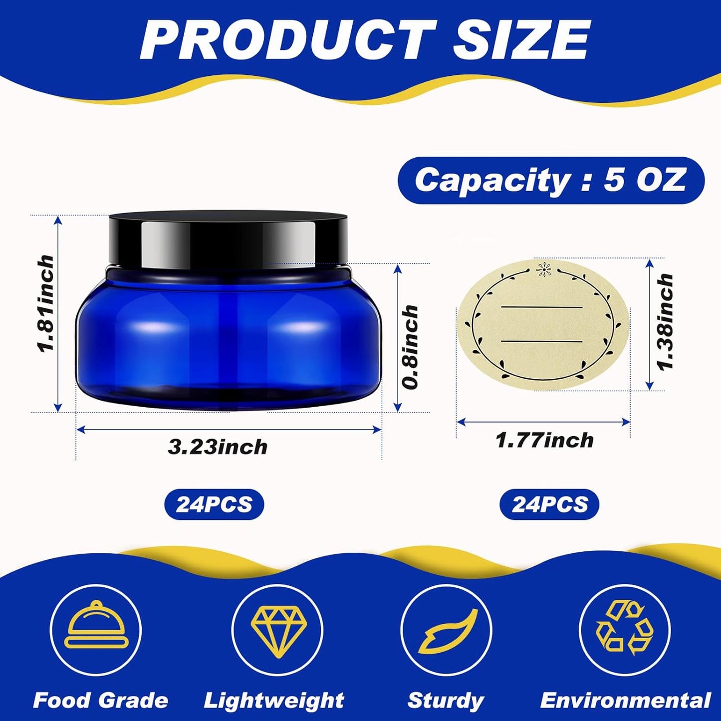Tessco 24 Pack Plastic Jars with Lids Labels Empty Clear Plastic Jars Round Refillable Cosmetic Containers Body Butter Containers Bulk Sugar Scrub Bottle for Make Up(5 oz,Blue, Black)-Velvo Beauty