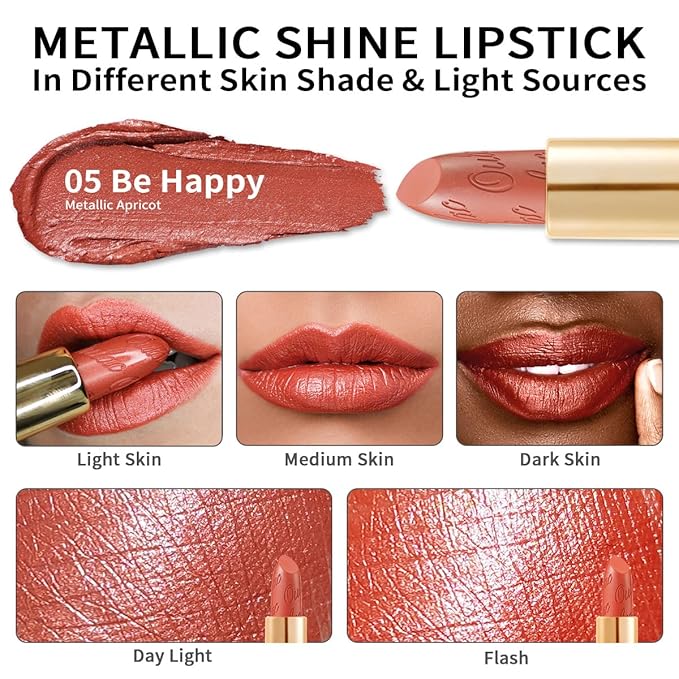 Oulac Coral Orange Lipstick for Women with Metallic 3D Shine Lightweight Hydrating Formula, High Impact Lip Color, Vegan Beauty, Full Coverage Lip Makeup, Christmas Gifts for Women, Be Happy(05)-Velvo Beauty