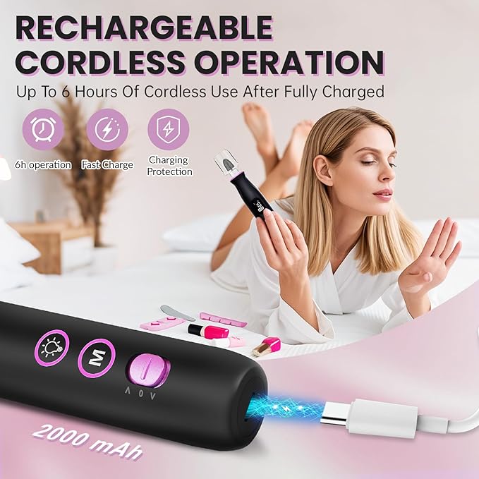 Electric Nail Drill, Cordless 2000 mAh Rechargeable Portable Nail File 12 in 1 Kit for Thick Toenails, 10 Speeds Nail Dril Machine Professional Manicure Pedicure for Hand Natural Nails Care (Black)-Velvo Beauty