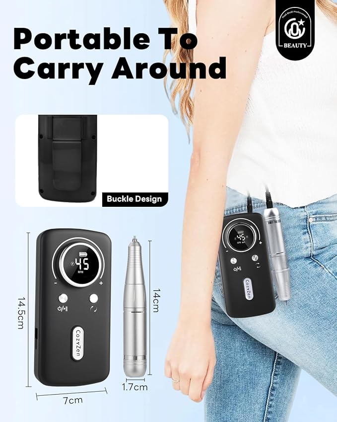 CozyZen Cordless Nail Drill Professional: 45000 RPM Rechargeable Electric Nail File Kit, Portable & Low Noise for Acrylic, Gel Nails, Manicure & Pedicure - Salon & Home Use-Velvo Beauty