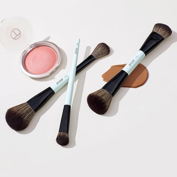 Jessup Face Makeup Brushes Blue 3pcs Double Ended Makeup Brush for Foundation Contour Blush Highlight and Concealer Brush, Premium Synthetic Brush Set T503-Velvo Beauty