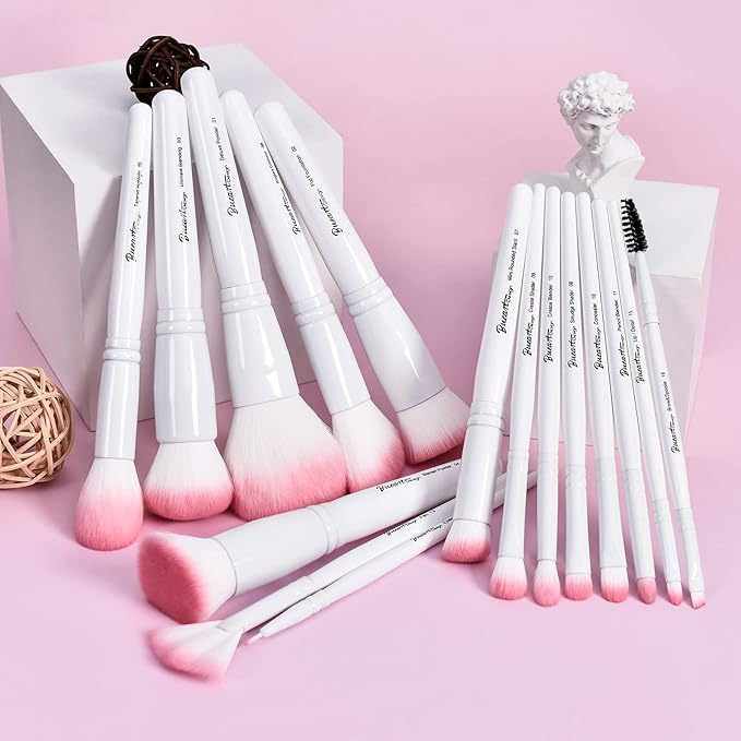 Bueart Design 16Pcs ULTRA SOFT labeled Makeup Brushes set with brush Holder face brush for Foundation Powder Blending Blush wooden Handle(16Pcs White+Pink Holder)-Velvo Beauty