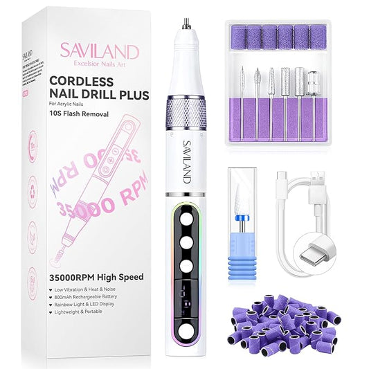 SAVILAND Advanced Cordless Electric Nail Drill: 10S Fast Removal 35000 RPM High Speed Nail File Kit for Acrylic Nail Tool Professional Rainbow Light LED Display Pro Manicure Kit Salon Travel Nail Tech-Velvo Beauty