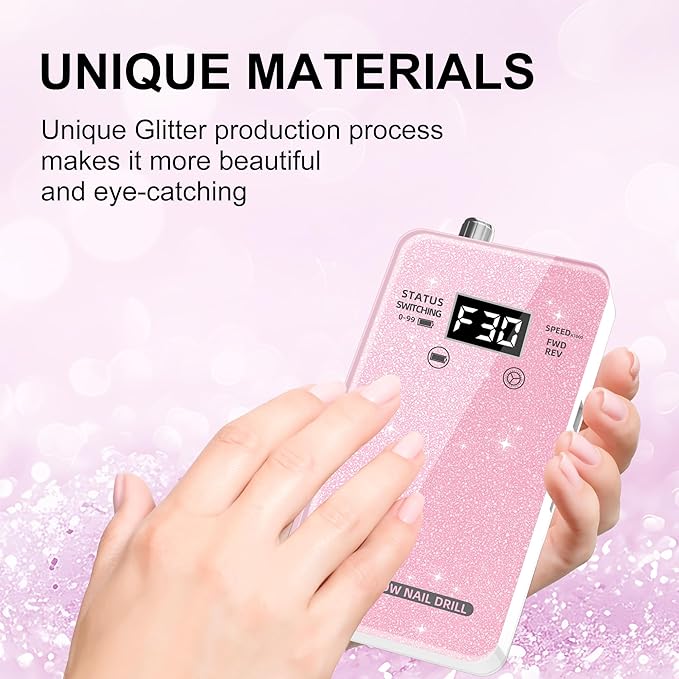 Professional Electric Nail Drill File:COSYGLOW Glitter Portable Cordless E-File Nail Drill Kit with 11 Drill Bits,30000 RPM Rechargeable Nail Drills Machine for Acrylic Nails Gel Polishing (Pink)-Velvo Beauty