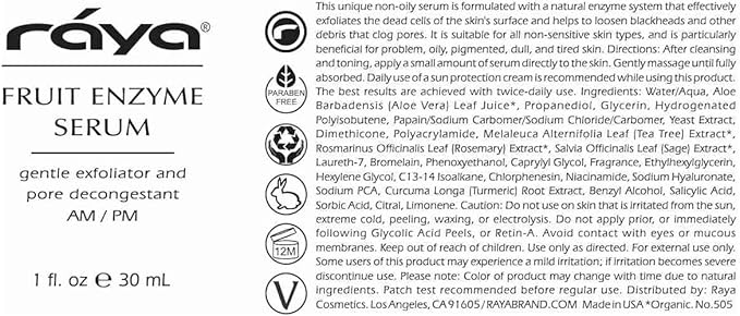 RAYA Fruit Enzyme Serum (505) | Non-Oily, Exfoliating Facial Treatment for Oily, Problem, and Dull Skin | Reduces Black-Heads and Clears Pores-Velvo Beauty