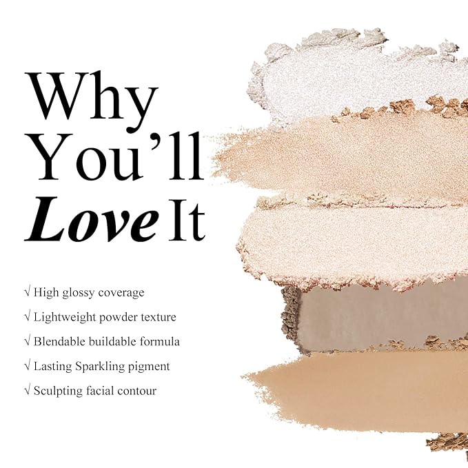 KYDA Face Highlighter Palette, High Glossy Face Illuminator Palette, Narutal Glow Finish, Pearl Shimmer Smooth Baked Powder, Lasting Sparkling Highlighter Makeup-SUN GLOW-Velvo Beauty