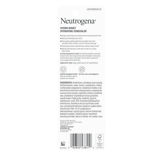 Neutrogena Hydro Boost Hydrating Concealer Stick for Dry Skin, Oil-Free, Lightweight, Non-Greasy and Non-Comedogenic Cover-Up Makeup with Hyaluronic Acid, 30 Light/Medium, 0.12 Oz-Velvo Beauty