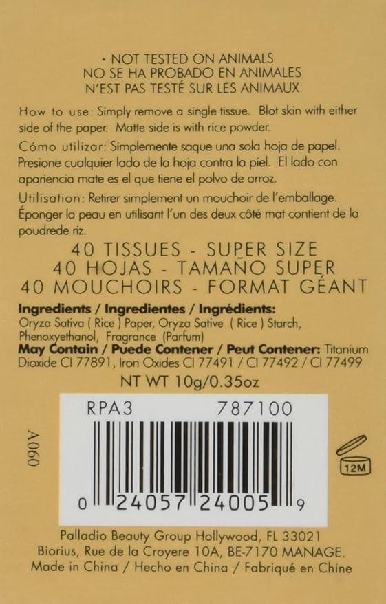 Palladio Rice Paper Facial Tissues for Oily Skin, Face Blotting Sheets Made from Natural Rice, Oil Absorbing Paper with Rice Powder, 2 Sided, Instant Results, Natural, 40 Count, Pack of 1-Velvo Beauty