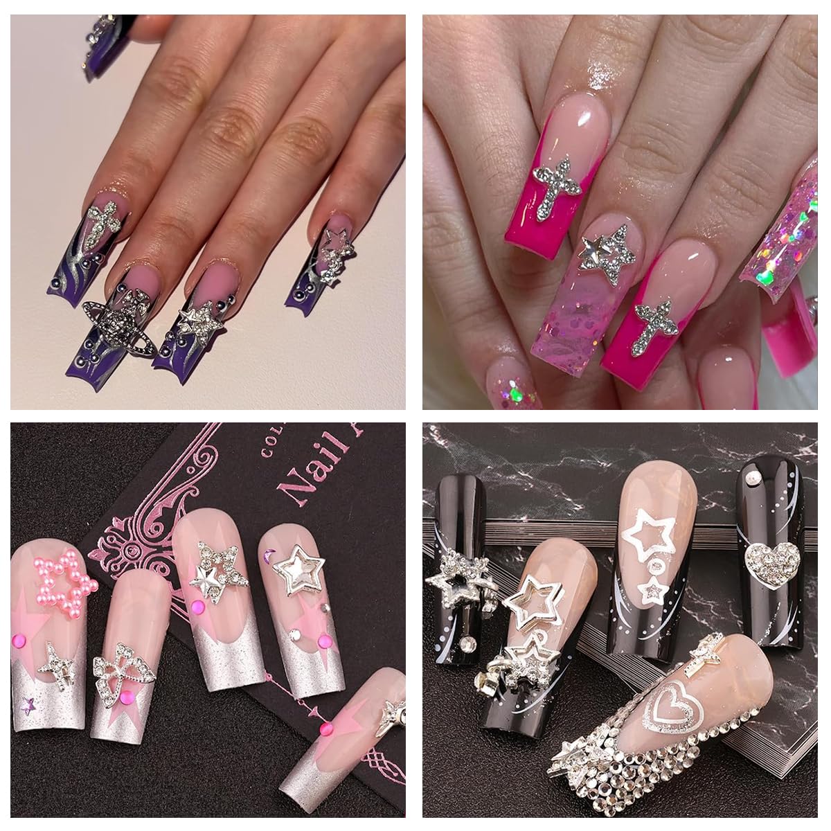 120+ Pcs Star Nail Charms Inlaid Rhinestones Gems, Silver Star Planet Cross Nail Art Decorations Shiny Jewelry for Acrylic Nail Accessories for Women Girl Manicure DlY Crafts Supplies-Velvo Beauty