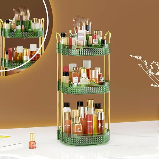 Awenia Rotating Makeup Organizer 360, Stackable Adjustable Large Capacity Cosmetic Storage Unit,Dresser Bathroom Kitchen Countertop Organizer with Metal Handle, Plus Size (Gem Green, 3 Tier)-Velvo Beauty