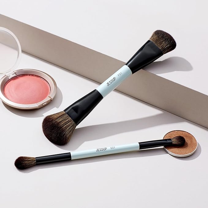 Jessup Makeup Brushes 2pcs Double Sided Foundation Brush Contour Brush Dual Ended Eye Blending Brush, Multi-functional Cosmetic Brush Bright Cyan T502-Velvo Beauty