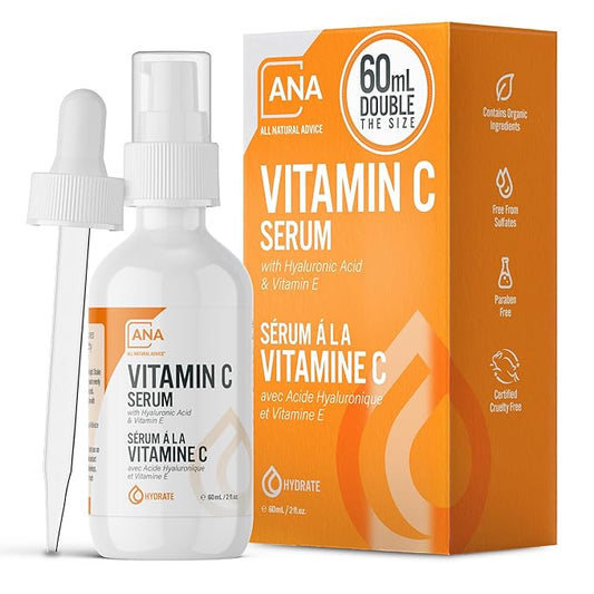 All Natural Advice Vitamin C Serum 60mL | 20% Vitamin C Face Serum Solution with Organic Botanicals, Hyaluronic Acid & Vitamin E | UV-Shielding Glass Bottle, Spray & Dropper | Canadian Skin Care-Velvo Beauty
