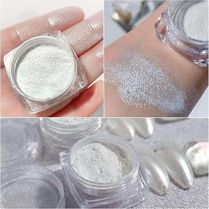 2Pcs Pearl Chrome Nail Powder - Ice Transparent Aurora, White Chameleon Iridescent Pigment for Nails - High Gloss Pearlescent Glitter (2pc White)-Velvo Beauty