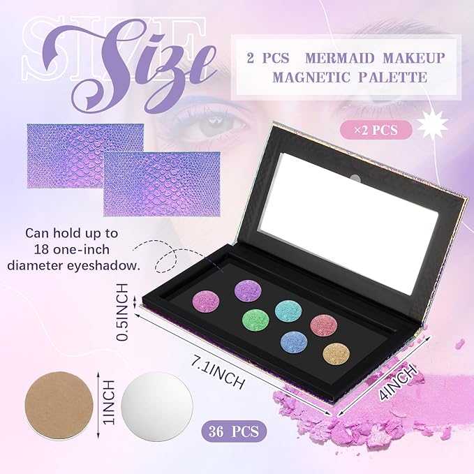 2 Pieces Magnetic Palette Mermaid Empty Palette with Mirror and 36 Pcs Adhesive Metal Empty Palette Stickers Large Mermaid Makeup Empty Palette for Eyeshadow Lipstick Blush Powder-Velvo Beauty