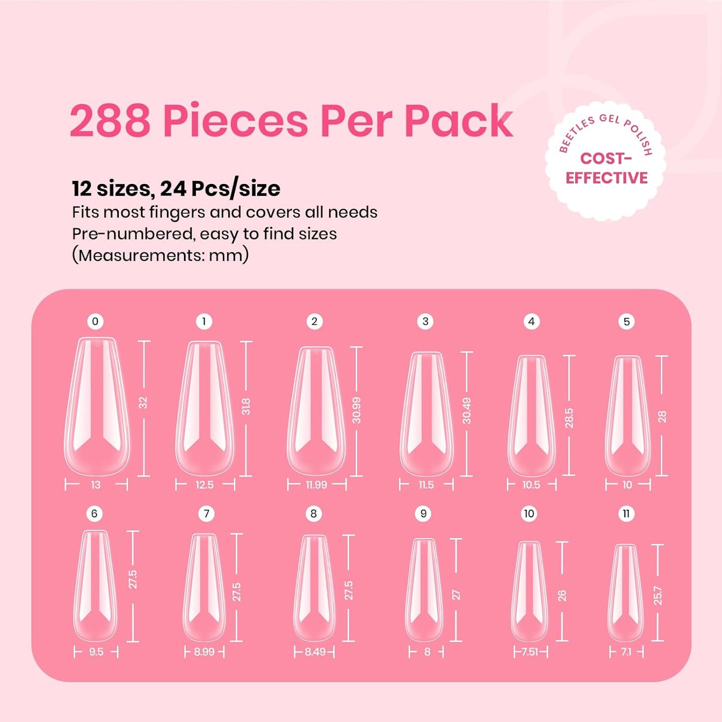 Beetles Gel Nail Tips Long Coffin Pre-Etched Nail Tips, 12 Sizes 288Pcs Pre Shaped Soft Gel Clear Nail Full Cover False Nail Tips Acrylic Glue on Nails Extension Fake Nails Manicure Gifts for Women-Velvo Beauty