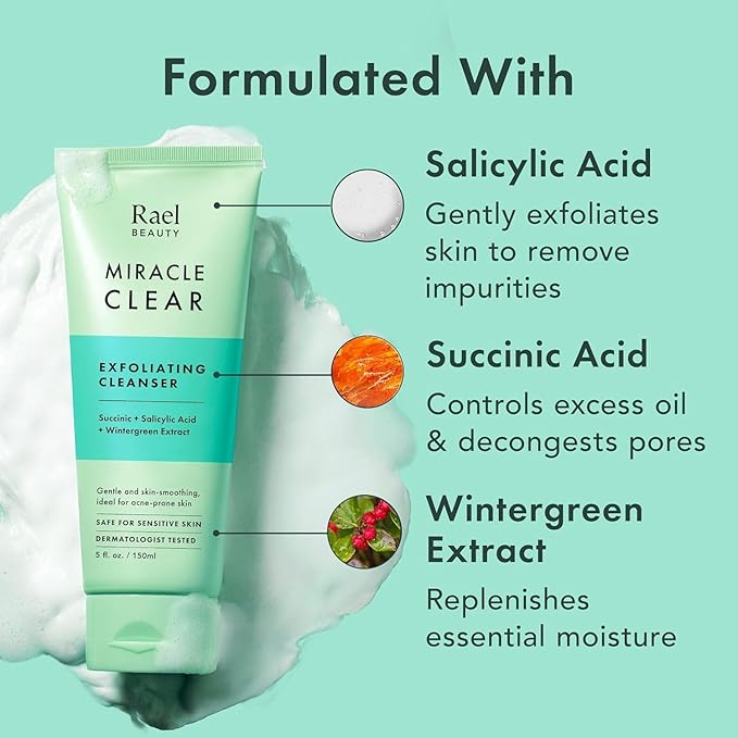 Rael Miracle Clear Face Wash – Gentle Exfoliating Cleanser with Succinic Acid & Minerals, Hydrating Formula for Daily Use, Ideal for Acne-Prone, Dry, Sensitive & Oily Skin, Vegan (5 fl oz)-Velvo Beauty