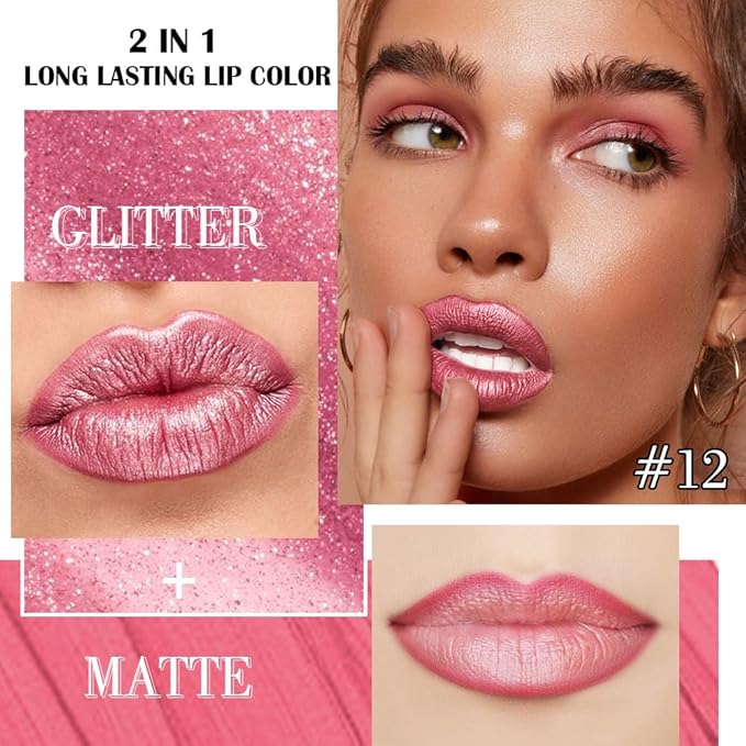 evpct Warm Pink Metallic Glitter Lip Liner and Lipstick Combo Lip Gloss Stain Set Makeup for Women Long Lasting Waterproof 24, Baby Pink Metallic Shimmer Frosted Iridescent Glossy Liquid Lipstick 12-Velvo Beauty