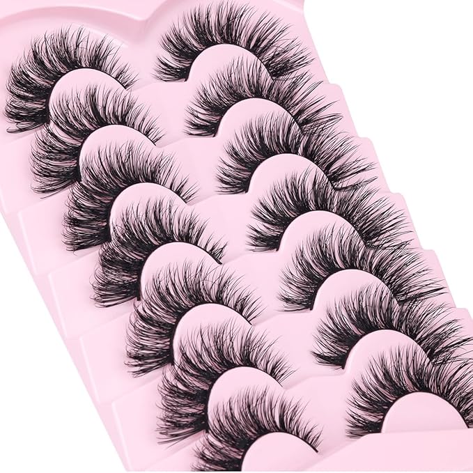 Mink Lashes False Eyelashes Natural Look Wispy Cat Eye Flat Lashes 3D Mink Lashes Natural Fake Lashes 18mm Strip Lashes Pack 7 Pairs-Velvo Beauty