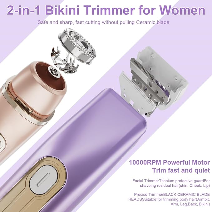 Bikini Trimmer for Women, 2-in-1 Electric Razor for Women, IPX6 Waterproof Wet & Dry Dermave Bikini Shaver, Rechargeable Pubic Hair Trimmer, Electric Shaver for Legs Body Face Hair-Velvo Beauty