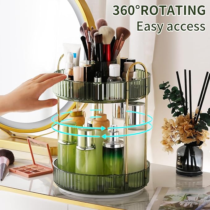 360° Rotating Makeup Organizer, Large-Capacity Skincare Make Up Storage 2 Tier Perfume Organizers Cosmetic Dresser Organizer with Makeup Brush Holder, Fits Bedroom, Bathroom, Vanity Shelf Countertop-Velvo Beauty