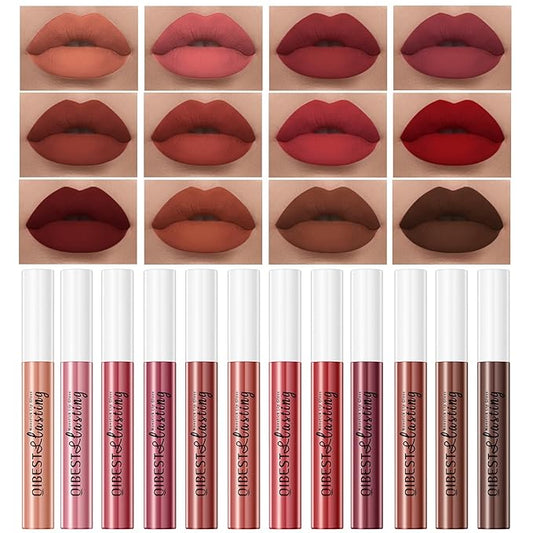 12Pcs Makeup Matte Lipstick Lip Kit, Warm Neutrals & Vintage Reds Non-Stick Cup Not Fade Liquid Lipstick Waterproof Long Lasting Durable Nude Lip Gloss Beauty Cosmetics Gift Box Makeup Set Kit-Velvo Beauty