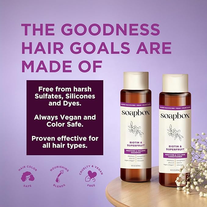 Soapbox Biotin & Superfruit Shampoo & Conditioner Set with Vegan Collagen, Aloe and Shea Butter, Harsh Sulfate Free, Paraben & Silicone Free, 1 Liter Each (Pack of 2)-Velvo Beauty