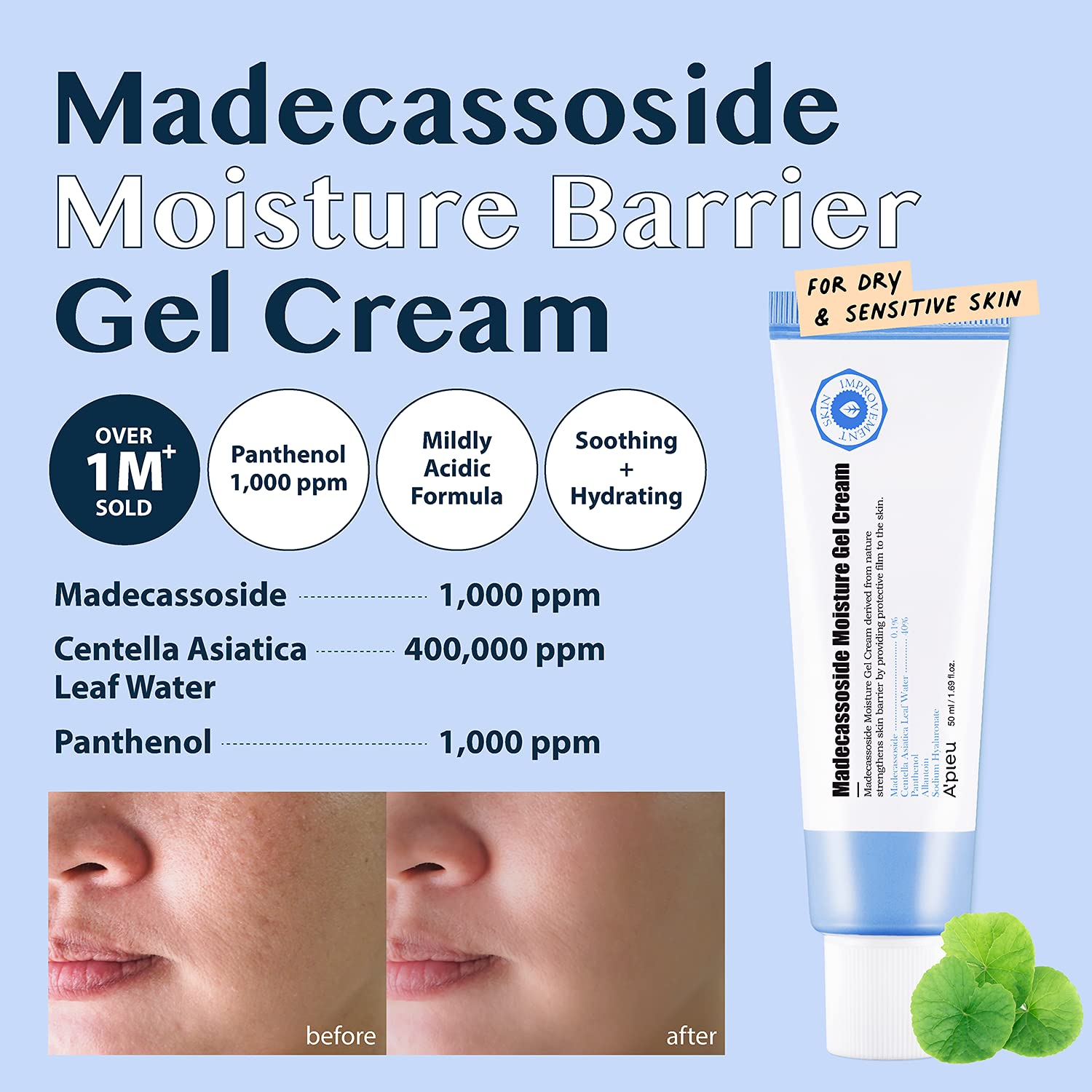 A'PIEU Madecassoside Moisture Gel Cream (1.69 Fl oz) - for Hydrating Dry and Sensitive Skin- Helps Soothe Damage and Maintain Optimal pH level- Centella Asiatica, Panthenol, Allantoin-Velvo Beauty