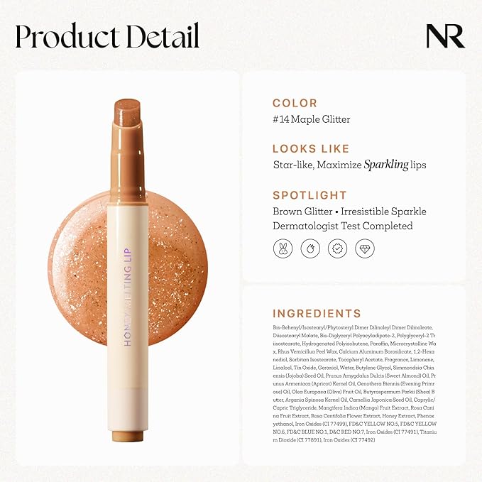 Nature Republic HONEY MELTING LIP GLITTER (14 MAPLE) SOFT LIP STICK Hydrating Gloss, Moisturizing balms, Shine Glimmer Finish, Shimmery-Sheer tint, korean make up-Velvo Beauty
