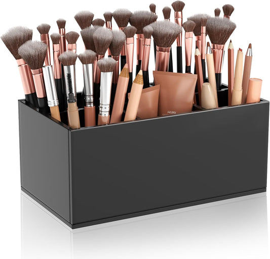 HIIMIEI Black Makeup Brush Holder Organizer Acrylic 6-Slots Cosmetic Brushes Storage Organizer for Vanity Countertop-Velvo Beauty