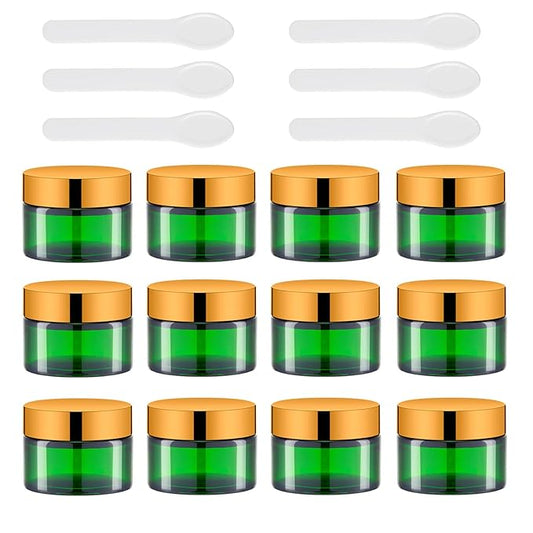 Lil Ray 1 oz Round Green Glass Jar with Inner Liners and Gold Lid (12pcs)-Velvo Beauty