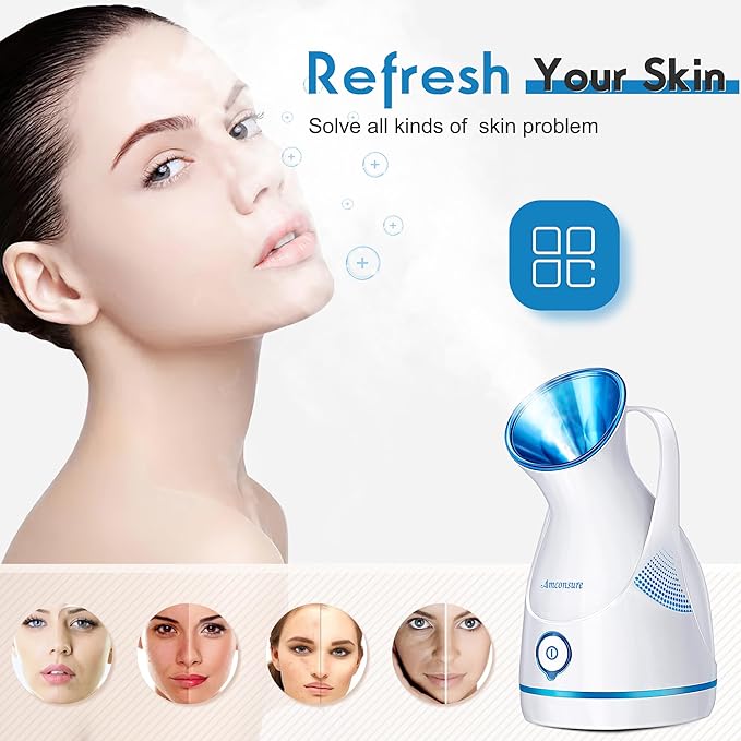 Amconsure Facial Steamer - Nano Ionic Face Steamer Warm Mist Steamer for Home Sauna SPA, Humidifier for Deep Cleaning Unclogs Pores Sinuses(Blue)-Velvo Beauty