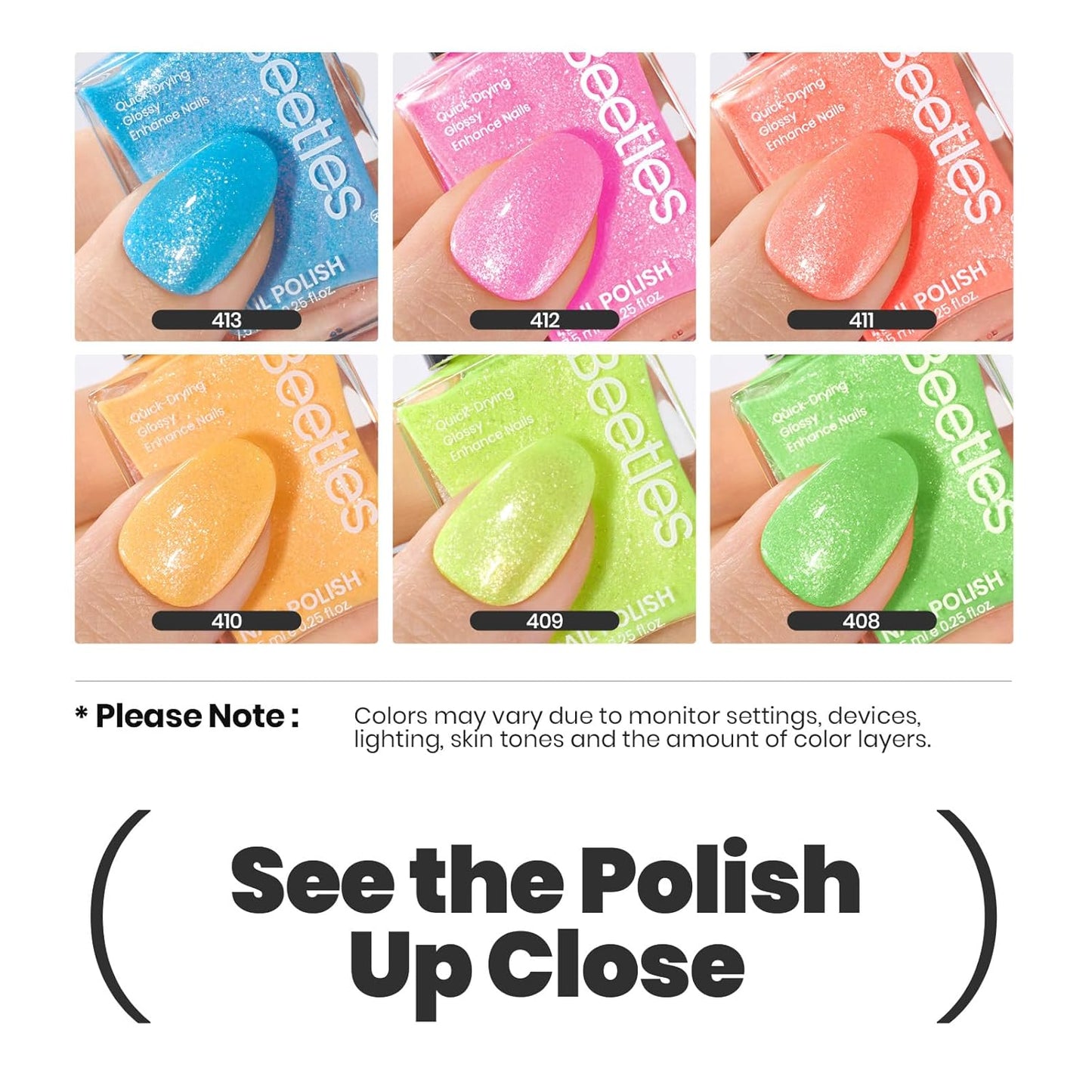 Beetles Neon Nail Polish Set, 6 Colors Glitter Nail Polish Kit Shimmer Pink Blue Green Yellow Orange Neon Fever Quick Dry Fingernail Polish Gifts for Women Salon DIY Manicure Kit-Velvo Beauty