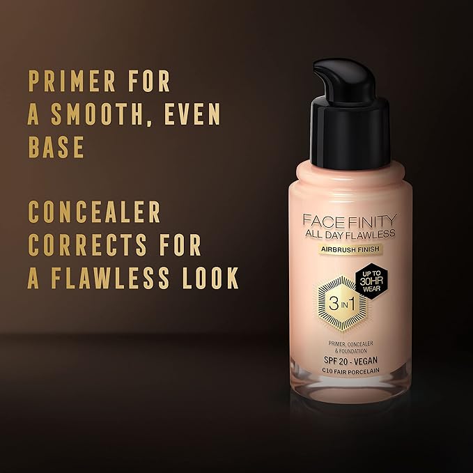 Max Factor Facefinity 3-in-1 All Day Flawless Liquid Foundation, SPF 20-10 Fair Porcelain, 30 ml-Velvo Beauty
