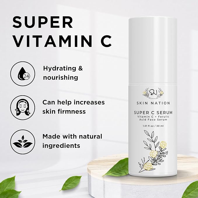 Skin Nation Super Hydrating Vitamin C Face Serum with Ferulic Acid, Aloe Vera, Rosehip Oil, Can Help Smooth Skin Texture and Supports Firmer Skin, for Dry and Sensitive Skin-Velvo Beauty