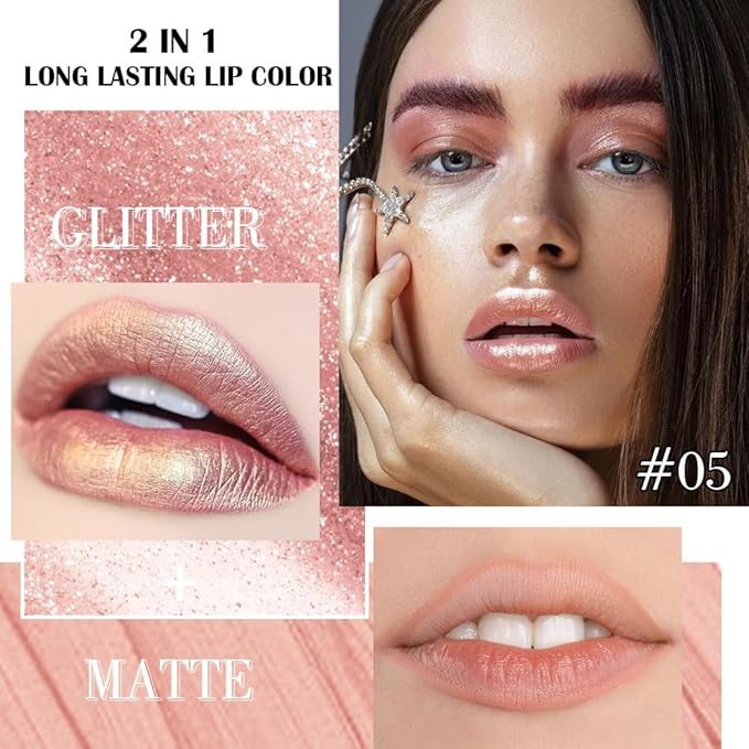 evpct Champagne Gold Metallic Glitter Lip Liner and Lipstick Combo Lip Gloss Stain Set Makeup for Women Long Lasting Waterproof 24, Blonde Frosted Metallic Shimmer Glossy iridescent Liquid Lipstick 05-Velvo Beauty