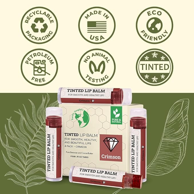 Tinted Lip Balm by Earth’s Daughter – 4 Pack of Crimson Color – Beeswax, Coconut Oil, Cocoa Butter, Vitamin E – Moisturize and Beautify – Paraben Free-Velvo Beauty