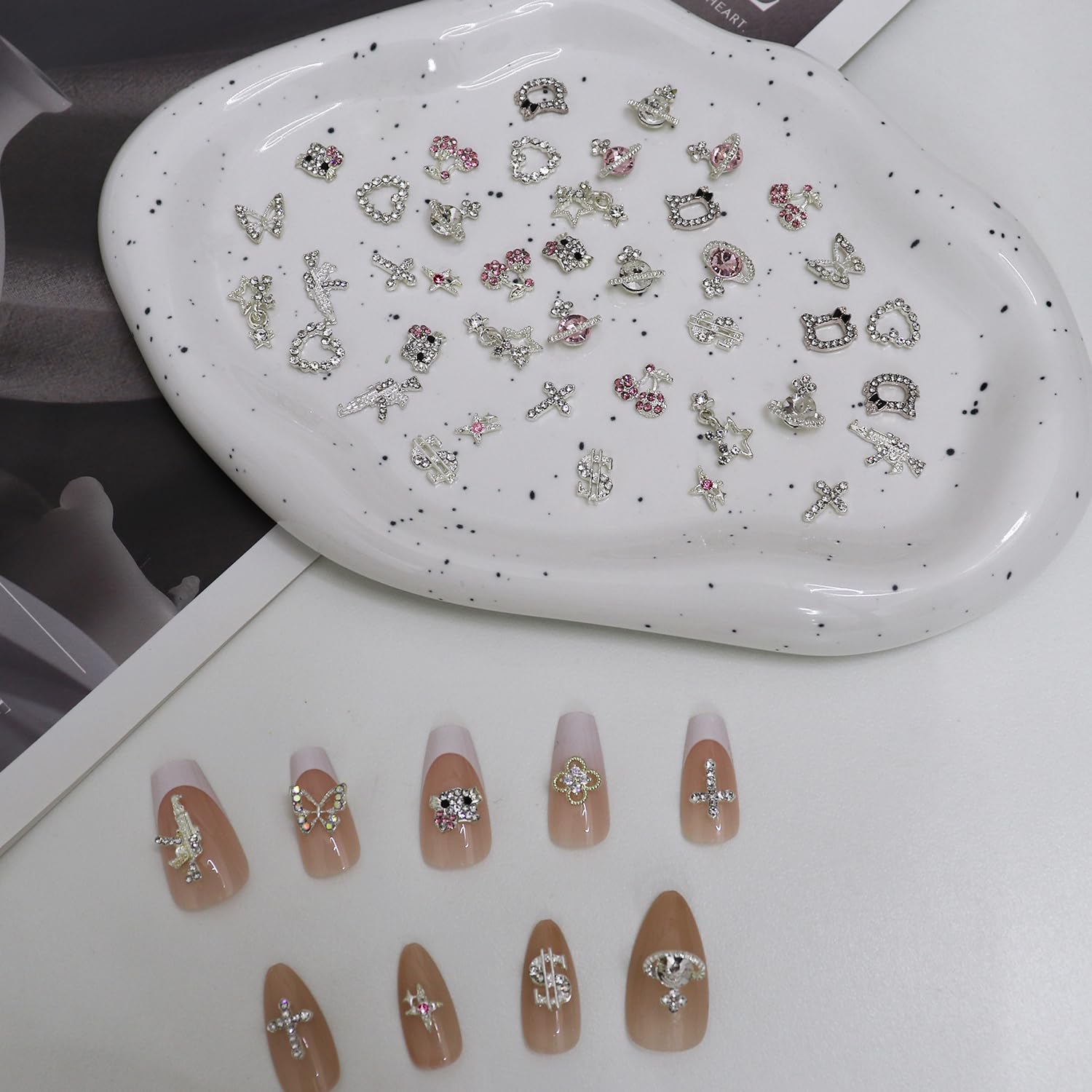 50Pcs Nail Charms Rhinestones Gems Kitty Heart Star Gun Planet Cross Jewelry for Acrylic Nails Accessories Women Nail Decorations Manicure Craft DIY Nail Art Supplies-Velvo Beauty