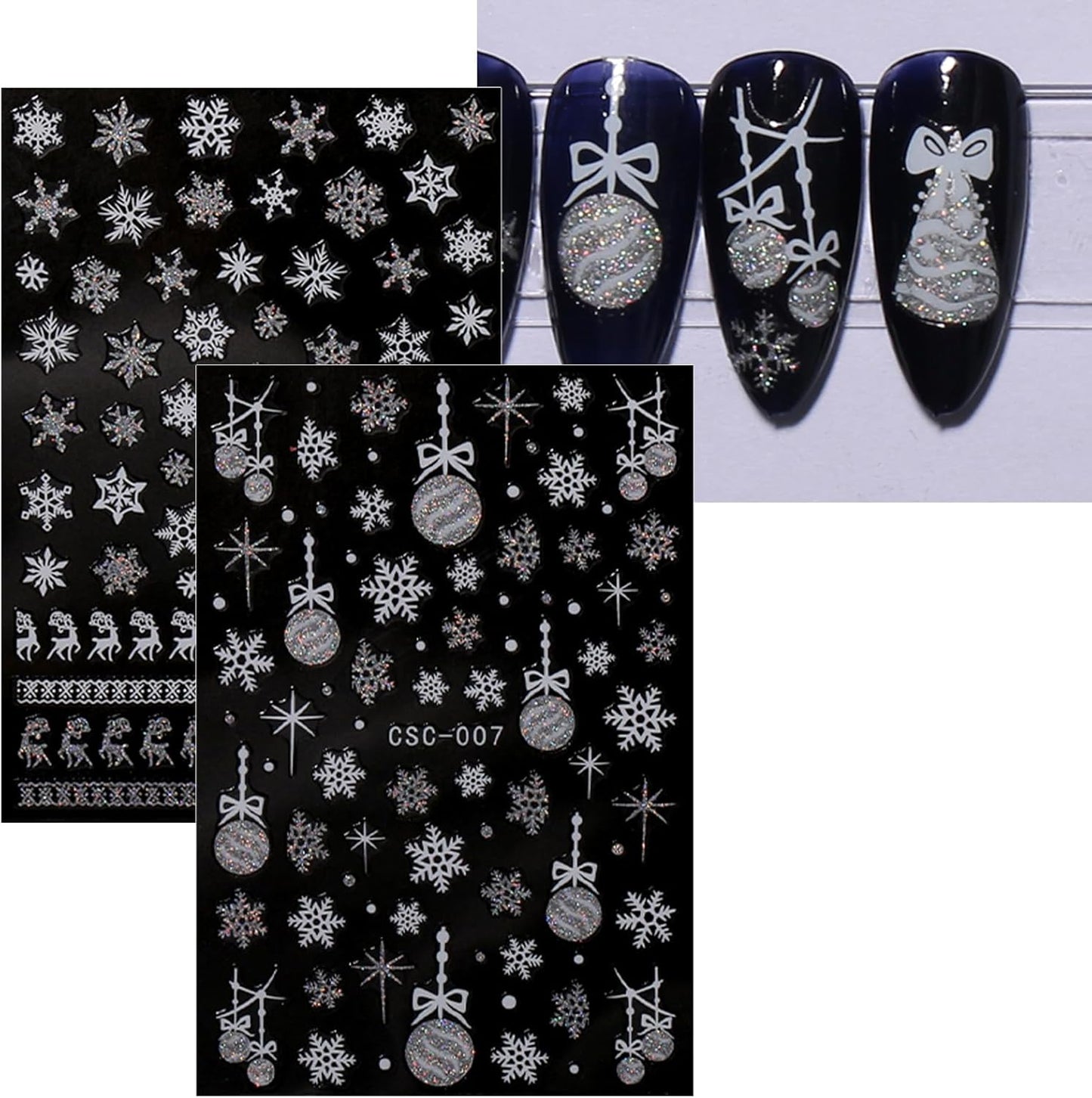 JMEOWIO 8 Sheets Christmas Glitter Nail Art Stickers Decals Self-Adhesive Snowflake Winter Holiday Cute Silver White Nail Supplies Nail Art Design Decoration Accessories-Velvo Beauty