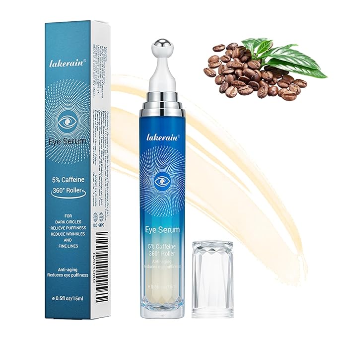 5% Caffeine Eye Serum with 360° Eye Massage Roller Eye Serum for Dark Circles & Relieve Puffiness, Reduce Wrinkles and Fine Lines, Eye Bags, Tighten Lifting Brightening Under Eye Cream-0.5 OZ-Velvo Beauty
